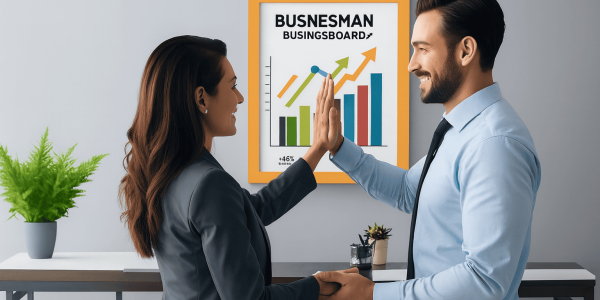 Texto Alternativo (Alt Text): Hombre y mujer emprendedores celebrando el crecimiento de su negocio digital, frente a gráfico de ventas en oficina moderna