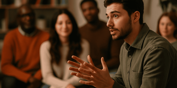 Persona contando una historia a un público atento, representando el poder del storytelling para conectar marcas con personas.